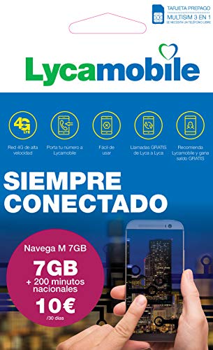 Lycamobile Tarjeta Prepago Multi SIM - Plan Nacional NAVEGA M , Incluye 7 GB de Datos + 200 Minutos en Llamadas , 30 Días