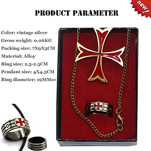 LYWER Anime Cosplay, 2-PCS Set Assassin'S Creed: Origins Knight Templario Cruzado Cruzado Rojo Cruz de Acero Inoxidable Collar Colgante y Anillo Hombre COS Ropa Accesorios