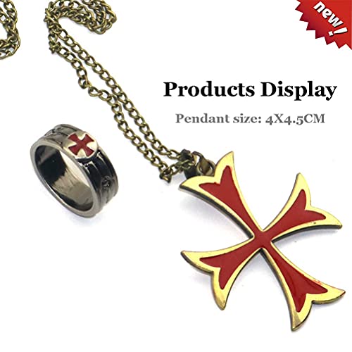 LYWER Anime Cosplay, 2-PCS Set Assassin'S Creed: Origins Knight Templario Cruzado Cruzado Rojo Cruz de Acero Inoxidable Collar Colgante y Anillo Hombre COS Ropa Accesorios