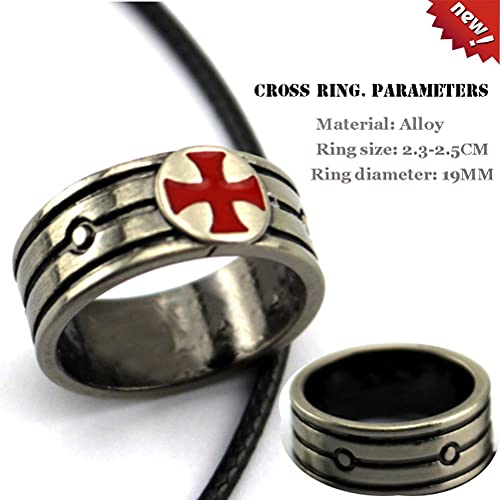 LYWER Anime Cosplay, 2-PCS Set Assassin'S Creed: Origins Knight Templario Cruzado Cruzado Rojo Cruz de Acero Inoxidable Collar Colgante y Anillo Hombre COS Ropa Accesorios