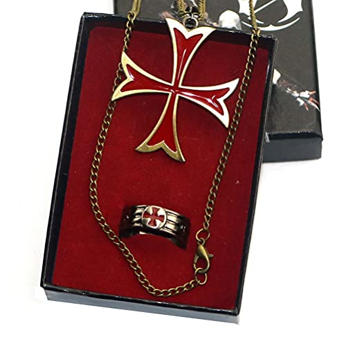 LYWER Anime Cosplay, 2-PCS Set Assassin'S Creed: Origins Knight Templario Cruzado Cruzado Rojo Cruz de Acero Inoxidable Collar Colgante y Anillo Hombre COS Ropa Accesorios