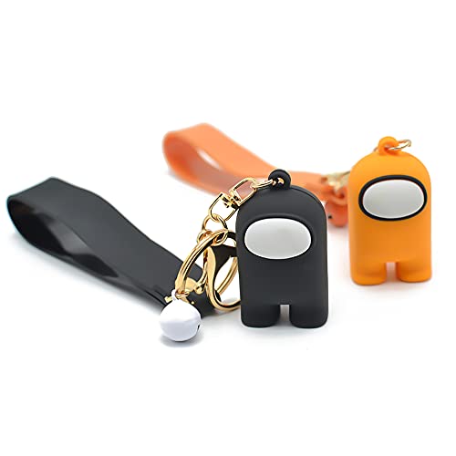 MAGIC SELECT 2Pcs Llavero Among Us de Silicona con Cascabel y Correa. Colgante de Videojuego de Impostores Twitch Gamer. Accesorio Mochila, Regalo niños cumpleaños juego del espacio. (Negro-Naranja)