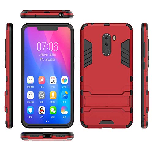 MaiJin Funda para Xiaomi Pocophone F1 (6,18 Pulgadas) 2 en 1 Híbrida Rugged Armor Case Choque Absorción Protección Dual Layer Bumper Carcasa con Pata de Cabra (Rojo)