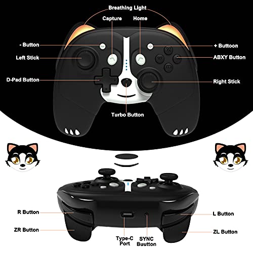 Mando Inalámbrico Compatible con Nintendo Switch, Maegoo Mando Switch Pro con 6 Ejes Gyro Turbo y Función Vibración Dual, Cat Cute Game Mando Regalos con Luz Respiración