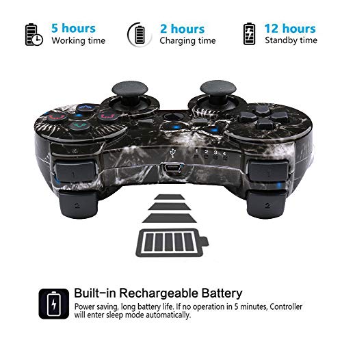 Mando Inalámbrico para PS3 Doble Vibración Six-Axis Bluetooth Gamepad Recargable Joystick para Playstation 3(Cráneo)