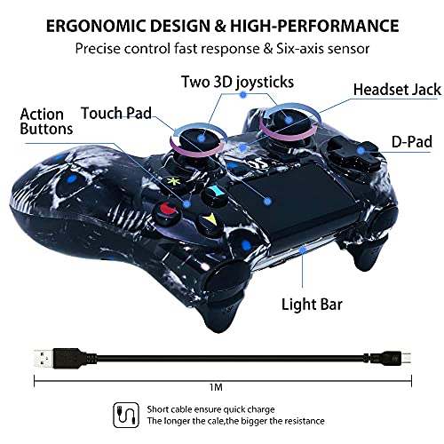 Mando Inalámbrico para PS4, Controlador de Doble Vibración de Alto Rendimiento Compatible con Playstation 4 / Pro/Slim/PC con Función de Audio, Mini LED - Skull