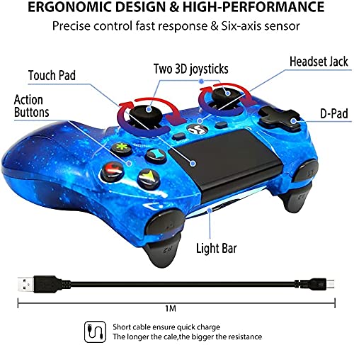 Mando Inalámbrico para PS4, Controlador de Doble Vibración de Alto Rendimiento Compatible con Playstation 4 / Pro/Slim/PC con Función de Audio, Mini LED - Blue