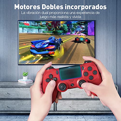 Mando para PS4, Mando Inalámbrico PS4 Controlador Bluetooth Gamepad con Doble Vibración Recargable Control Remoto de 6 Ejes Choque G-Sensor con TouchPad y Conector de Audio-Rojo