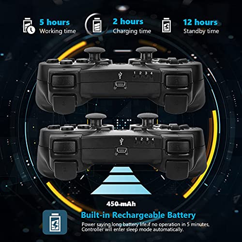 Mando PS3 inalámbrico Bluetooth Gamepad Doble Vibración Six-Axis Mando a Distancia Joystick para Playstation 3 con Cable USB (2 negros)