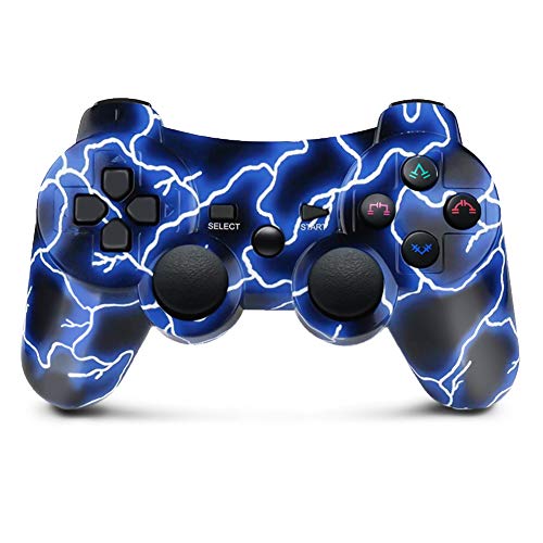 Mando PS3 Inalámbrico Gamepad Bluetooth PS3 Controller Joystick con Doble Vibración SIX-AXIS para PlayStation 3 / PC (Relámpago Azul)