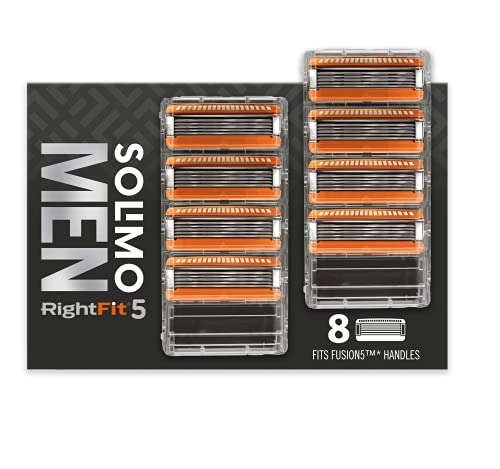 Marca Amazon - Solimo RightFit5 Cuchillas de Afeitar Hombre, Paquete de 8 Cuchillas de Recambio - encaja en mangos Fusion5*