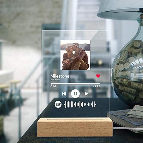 Marco Placa con Codigo Spotify de Fotos Personalizadas Escaneable Cancion Tablero Vidrio con Base Madera Lamparas de Mesita de Noche