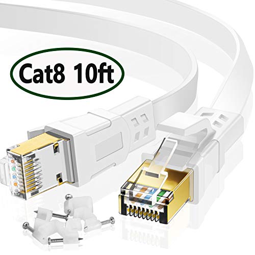 MATEIN Cable Ethernet Cat 8 de 10 pies, Cable Plano de Internet para Juegos, Cable de Red de Alta Velocidad con Clips, Cable LAN Rápido para Computadora Compatible para PS4, Xbox, Enrutador, Blanco