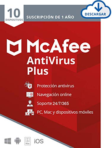 McAfee AntiVirus Plus 2021, Antivirus, 10 Dispositivos, Suscripción de 1 año, PC, Mac, Android, Smartphones, Descarga