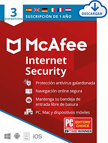 McAfee Internet Security 2021, 3 Dispositivos, 1 Año, Software Antivirus, Manager de Contraseñas, Seguridad Móvil, PC/Mac/Android/iOS, Edición Europea, Código de activación enviado por email