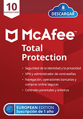 McAfee Total Protection 2022 | 10 dispositivos | 1 año| Antivirus, VPN, protección de identidad, seguridad Internet, administrador contraseñas, controles parentales | PC/ Mac/ Android/iOS | Descargar