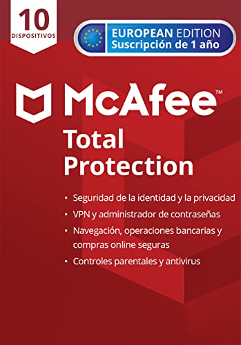 McAfee Total Protection 2022 | 10 dispositivos | 1 año | Software antivirus, seguridad en Internet, administrador de contraseñas, seguridad móvil, control parental | PC/Mac/Android/iOS | Correo postal