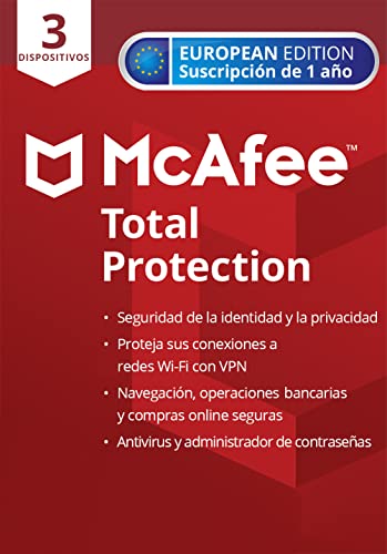 McAfee Total Protection 2022 | 3 dispositivos | 1 año | Antivirus, seguridad en Internet, administrador de contraseñas, VPN, protección de la identidad | PC/Mac/Android/iOS | Por correo postal