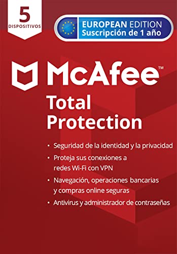 McAfee Total Protection 2022 | 5 dispositivos | 1 año | Antivirus, seguridad en Internet, administrador de contraseñas, VPN, protección de la identidad | PC/Mac/Android/iOS | Por correo postal