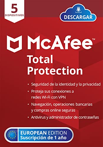 McAfee Total Protection 2022 | 5 dispositivos | 1 año | Antivirus, seguridad Internet, administrador contraseñas, VPN, protección de identidad | PC/Mac/Android/iOS | Descargar