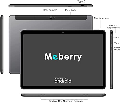 MEBERRY Tablet 10 '' HD IPS WiFi + Cellular 4GB RAM + 64GB ROM Android 10.0 Tableta, Google GMS | Dual SIM & Dual Cámara(5MP + 8MP) | 8000mAh | Bluetooth | GPS, Teclado & Ratón - Gris