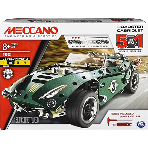 Meccano 5 Model Set Roadster - Juegos de construcción (Juego de construcción de varios modelos de vehículos, 8 año(s), 174 pieza(s), Negro, Verde, Plata, China, 360 g)