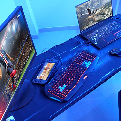 Mesa Gaming, 140cm x 60cm, Gaming Desk, Mesa para Ordenador Consola PS5, Xbox Series, Patas de Acero, RGB LED, Base de Alfombrilla, Parrilla para Recoger Cables