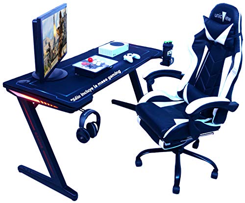 Mesa Gaming, 140cm x 60cm, Gaming Desk, Mesa para Ordenador Consola PS5, Xbox Series, Patas de Acero, RGB LED, Base de Alfombrilla, Parrilla para Recoger Cables