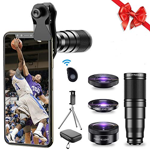 MIAO LAB Kits de lentes de teléfono - 22x teleobjetivo/lente ojo de pez de 205°/lente gran angular de 120°y lente macro/trípode y obturador remoto funciona con iPhone 11 Plus X XR Samsung Huawei