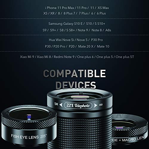 MIAO LAB Kits de lentes de teléfono - 22x teleobjetivo/lente ojo de pez de 205°/lente gran angular de 120°y lente macro/trípode y obturador remoto funciona con iPhone 11 Plus X XR Samsung Huawei