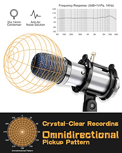 Micrófono PC USB, Micrófono de Condensador PS4 con Trípode para Grabación de Estudio, Audio Chat en Línea para Facebook TIK Tok Skype Youtube, Ordenador Portátil, Tableta, Móvil, Mac, Plata