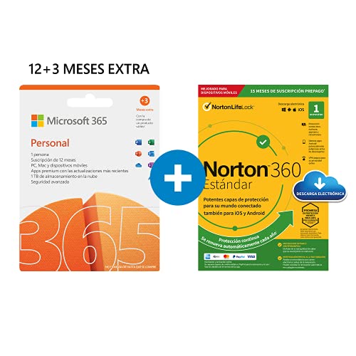 Microsoft 365 Personal | Apps Office 365 | PC/MAC/tableta/teléfono | 12+3 Meses + NORTON 360 Standard | 15 Meses | PC/Mac - Código de activación enviado por email