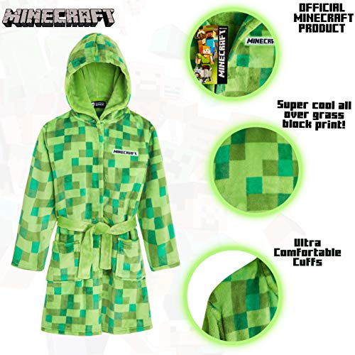 Minecraft Albornoz Niños con Capucha, Bata para Casa de Forro Polar Suave con Diseño Creeper, Regalos Originales para Niños y Adolescentes Edad 5-14 Años (Verde, 9-10 Años)