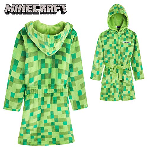 Minecraft Albornoz Niños con Capucha, Bata para Casa de Forro Polar Suave con Diseño Creeper, Regalos Originales para Niños y Adolescentes Edad 5-14 Años (Verde, 9-10 Años)