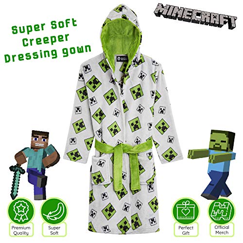 Minecraft Bata para Niños con Diseño Creeper, Batas de Estar por Casa de Forro Polar Suave con Capucha, Ropa de Dormir para Niño, Regalos Originales para Gamers Niños (5-6 años, Gris)