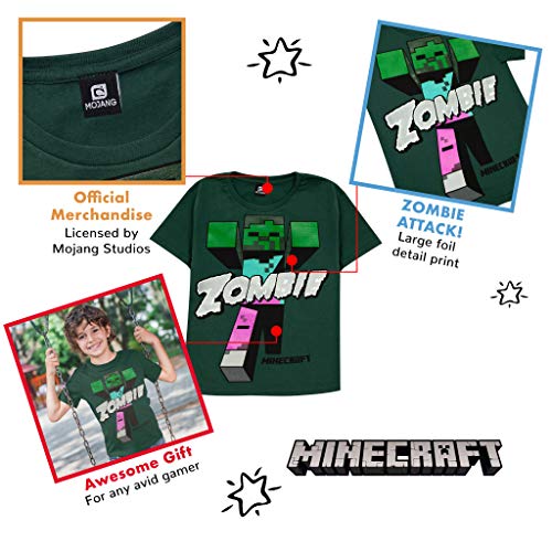 Minecraft Cuidado con los Zombis Camiseta de los Muchachos Verde 116 | PS4 PS5 Xbox PC Gamer Interruptor de Regalos, Idea Regalo para los niños