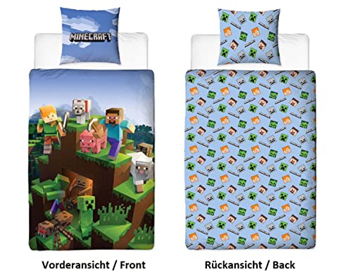Minecraft Juego de cama reversible, 135 x 200 cm + 80 x 80 cm, 100% algodón, verde, diseño Epic con bloques, pico de animales