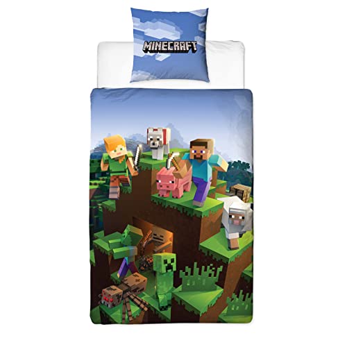 Minecraft Juego de cama reversible, 135 x 200 cm + 80 x 80 cm, 100% algodón, verde, diseño Epic con bloques, pico de animales