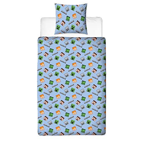 Minecraft Juego de cama reversible, 135 x 200 cm + 80 x 80 cm, 100% algodón, verde, diseño Epic con bloques, pico de animales