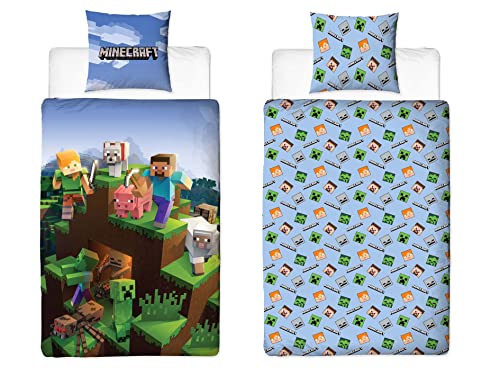 Minecraft Juego de cama reversible, 135 x 200 cm + 80 x 80 cm, 100% algodón, verde, diseño Epic con bloques, pico de animales