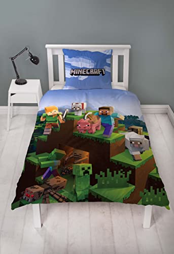 Minecraft Juego de cama reversible, 135 x 200 cm + 80 x 80 cm, 100% algodón, verde, diseño Epic con bloques, pico de animales