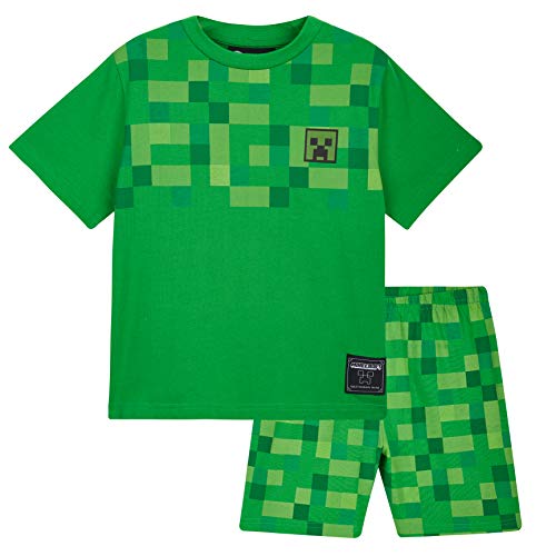 Minecraft Pijama Niño, Set 2 Piezas Pijamas Niños Cortos, Ropa de Niño 100% Algodon, Regalos para Niños y Adolescentes Edad 5-14 Años (Verde, 9-10 años)