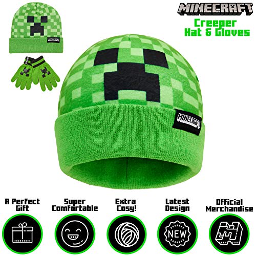 Minecraft Set de Gorro y Guantes Para Chicos, Gorros de Invierno Con Diseño Creeper y Manoplas a Juego, Merchandising Oficial, Regalos Para Gamers Chicos Chicas