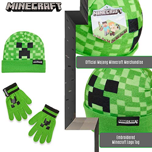 Minecraft Set de Gorro y Guantes Para Chicos, Gorros de Invierno Con Diseño Creeper y Manoplas a Juego, Merchandising Oficial, Regalos Para Gamers Chicos Chicas