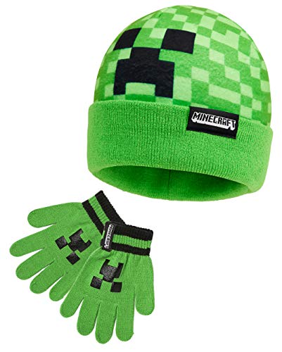 Minecraft Set de Gorro y Guantes Para Chicos, Gorros de Invierno Con Diseño Creeper y Manoplas a Juego, Merchandising Oficial, Regalos Para Gamers Chicos Chicas