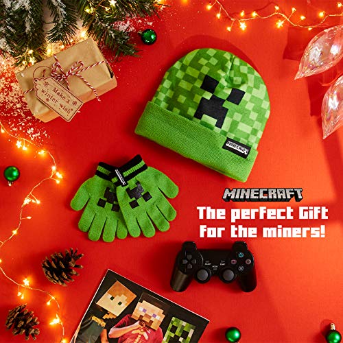 Minecraft Set de Gorro y Guantes Para Chicos, Gorros de Invierno Con Diseño Creeper y Manoplas a Juego, Merchandising Oficial, Regalos Para Gamers Chicos Chicas