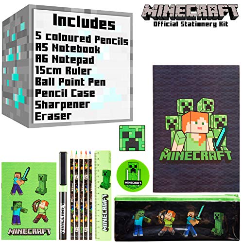 Minecraft Set Papeleria para Niños, Incluye Estuche Escolar Cuaderno A5 Bloc de Notas Lapices Colores Boligrafo, Regalos Cumpleaños Niños Colegio