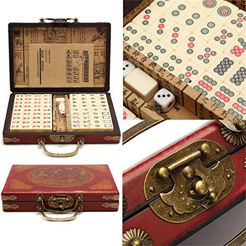 Mini Mahjong Set de viaje Majiang Chinese Riichi Mahjong Set con mesa portátil tradicional chino Mah Jongg Set de viaje portátil Club Mahjong Set con caja de cuero arquetic 144 piezas
