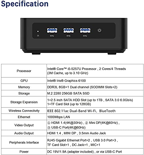 Mini PC 8GB de RAM Actualizable SSD de 256 GB Procesador Core i5-5257U (hasta 3.1Ghz),Ordenadores de Sobremesa 4K HD con Puerto USB-C/HDMI/Mini DP,2X Ethernet Wi-Fi Dual