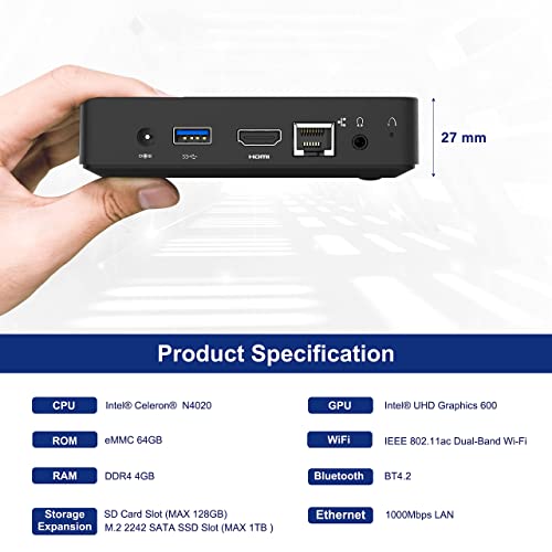 Mini PC Intel Celeron N4020 (hasta 2.8GHz), DDR4 4GB / 64GB eMMC, Windows 10 Pro, Intel UHD Graphics 600, Mini computadora sin Ventilador 4k @ 60Hz HDMI y VGA, USB3.0, 2.4/5.8G Wi-Fi, BT4.2